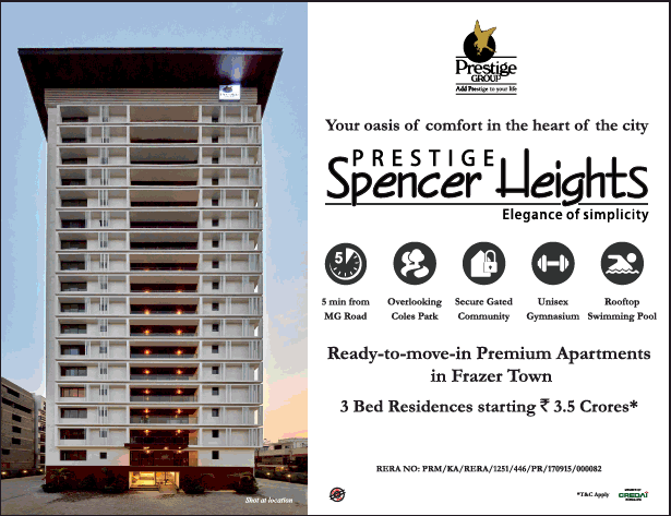 Ready to move in premium apartments at Prestige Spencer Heights in Frazer Town Bangalore Update